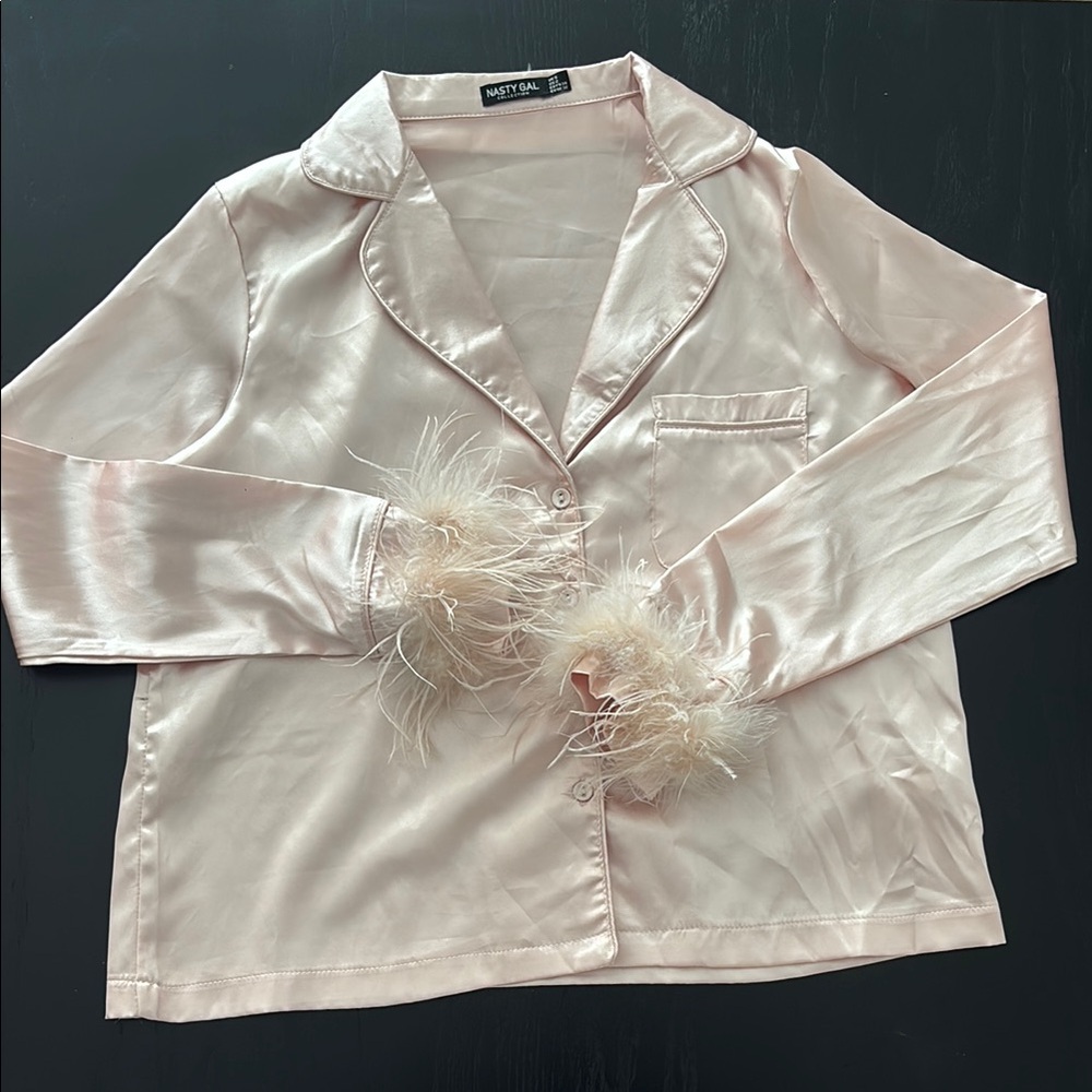 Nasty Gal blush satin PJs with feathers